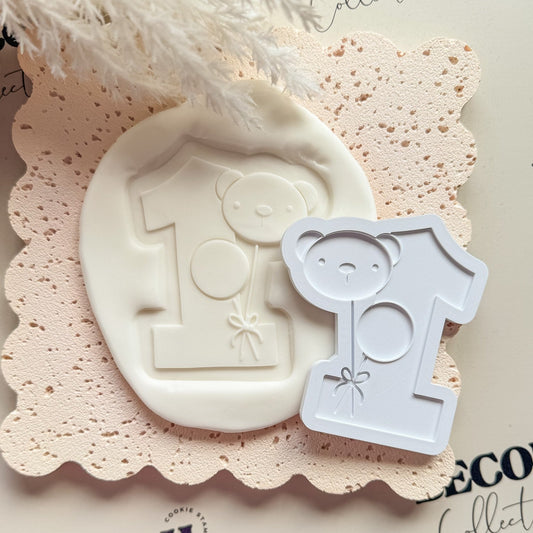 Number 1 with Teddy Face Balloon Cookie Stamp & Cutter